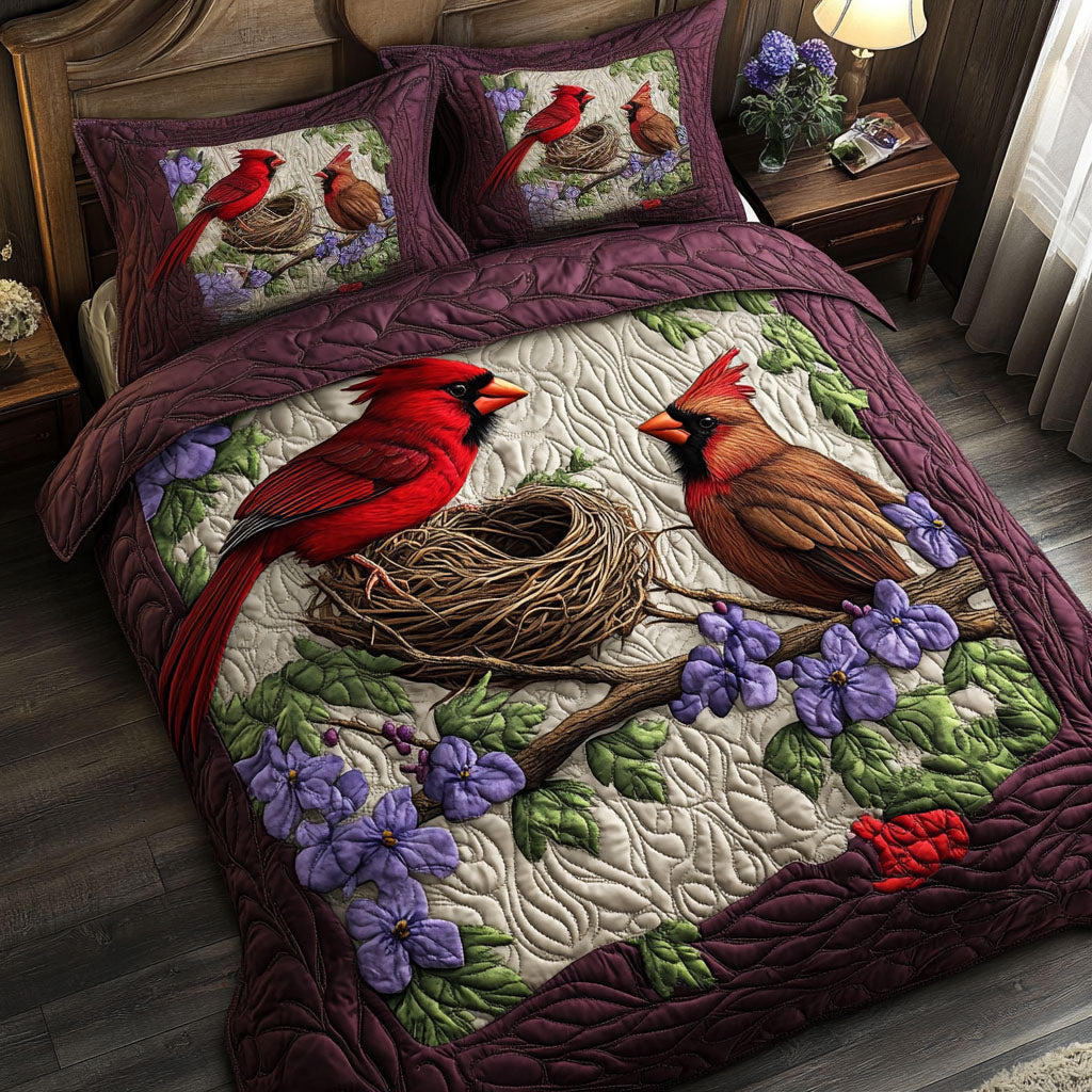 Illinois Cardinal Nest Quilted Bedding Set Aesthetic Room Decor Cardinal Bird Gifts