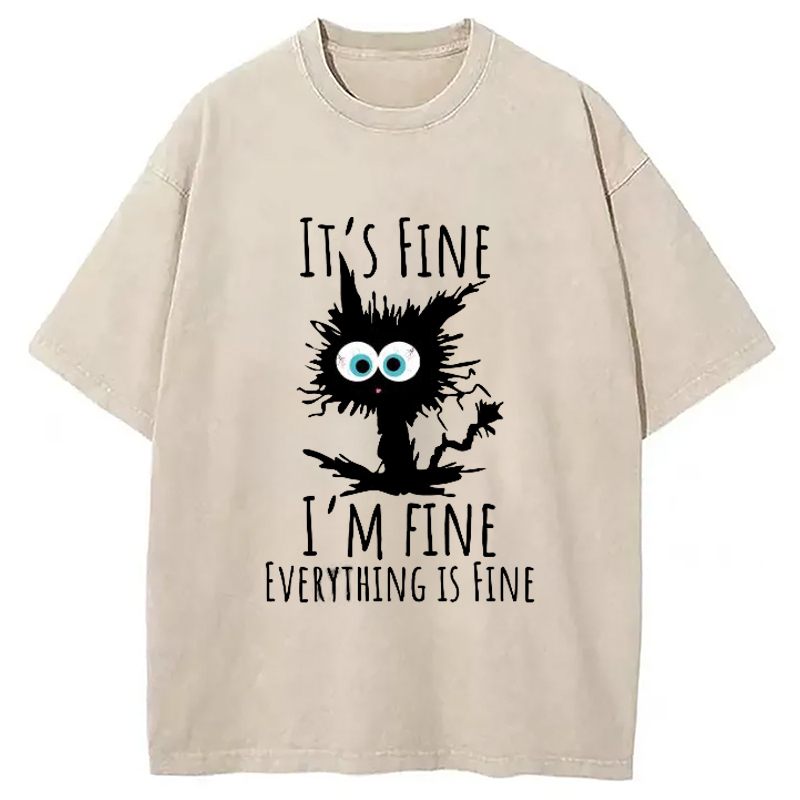 I'm Fine Cat Washed T-Shirt Casual Vintage Everyday Look Gifts For Best Friend