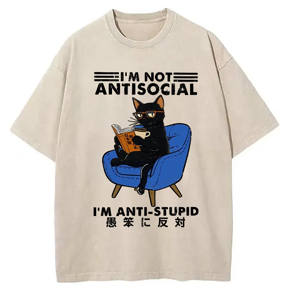 I'm Not Antisocial Washed T-Shirt Minimal Retro Graphic Clothing Gifts For Brother