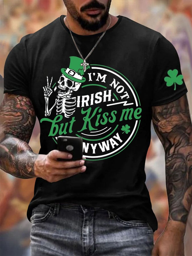 I'm Not Irish But Kiss Me T-Shirt Clover Pattern Saint Patricks Day Shirts Gifts For Friends