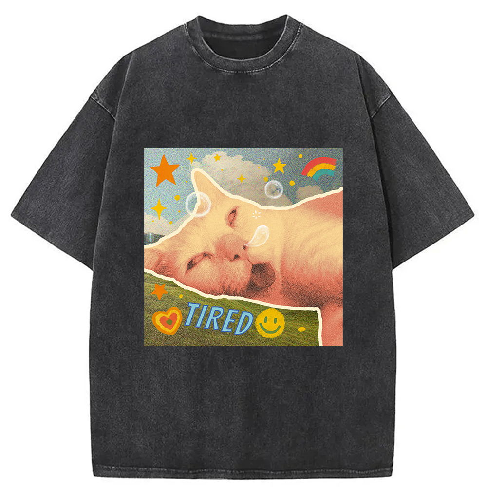 I'm Tired Cat Washed T-Shirt Casual Vintage Everyday Look Gifts For Friends I'm Tired Cat Washed T-Shirt Casual Vintage Everyday Look Gifts For Friends