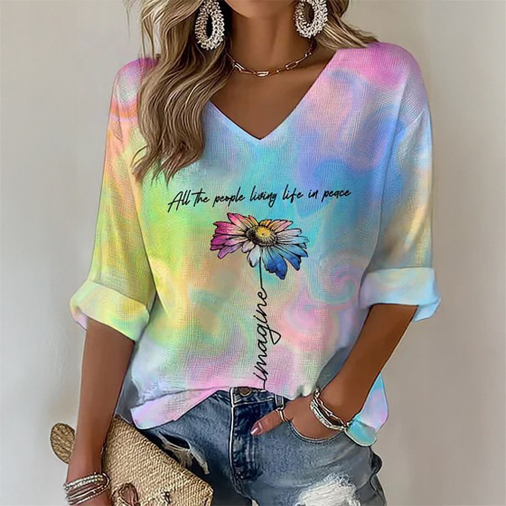 Imagine Al The People Living Life In Peace V-Neck Long Sleeve Shirt Boho Hippie Clothing