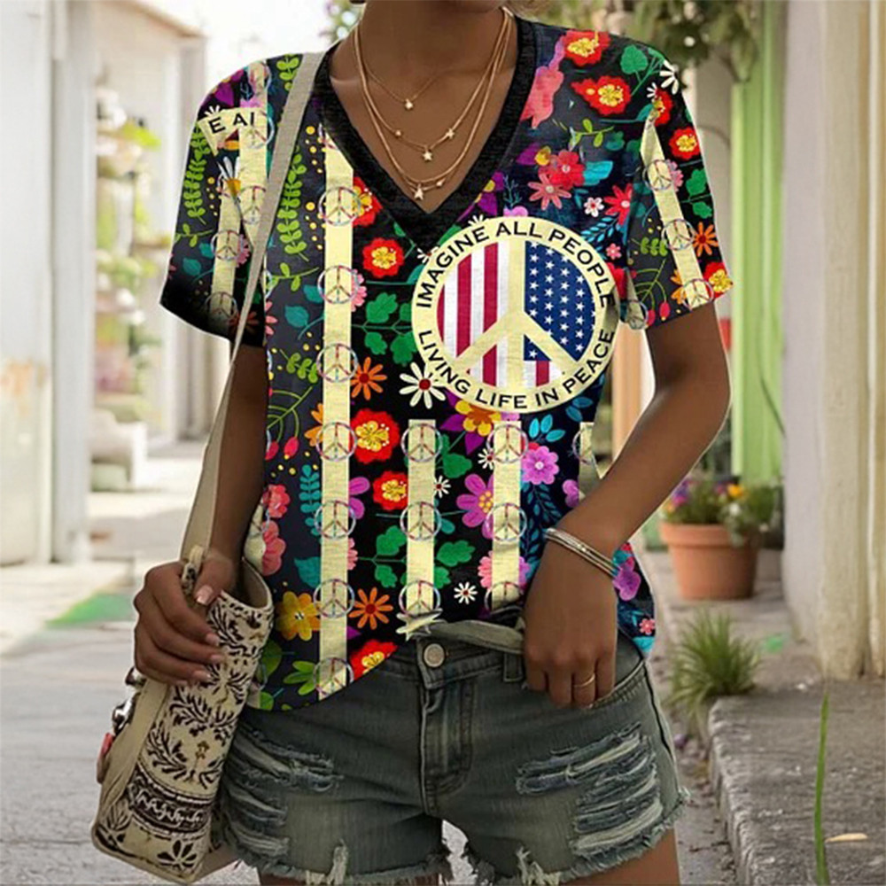 Imagine All People Living Life In Peace Floral American Flag V-Neck Shirt Hippie Fashion Mother's Day Gift