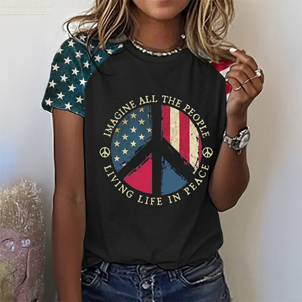 Imagine All The People Living Life In Peace American Flag T-Shirt Hippie Fashion Best Gift For Her