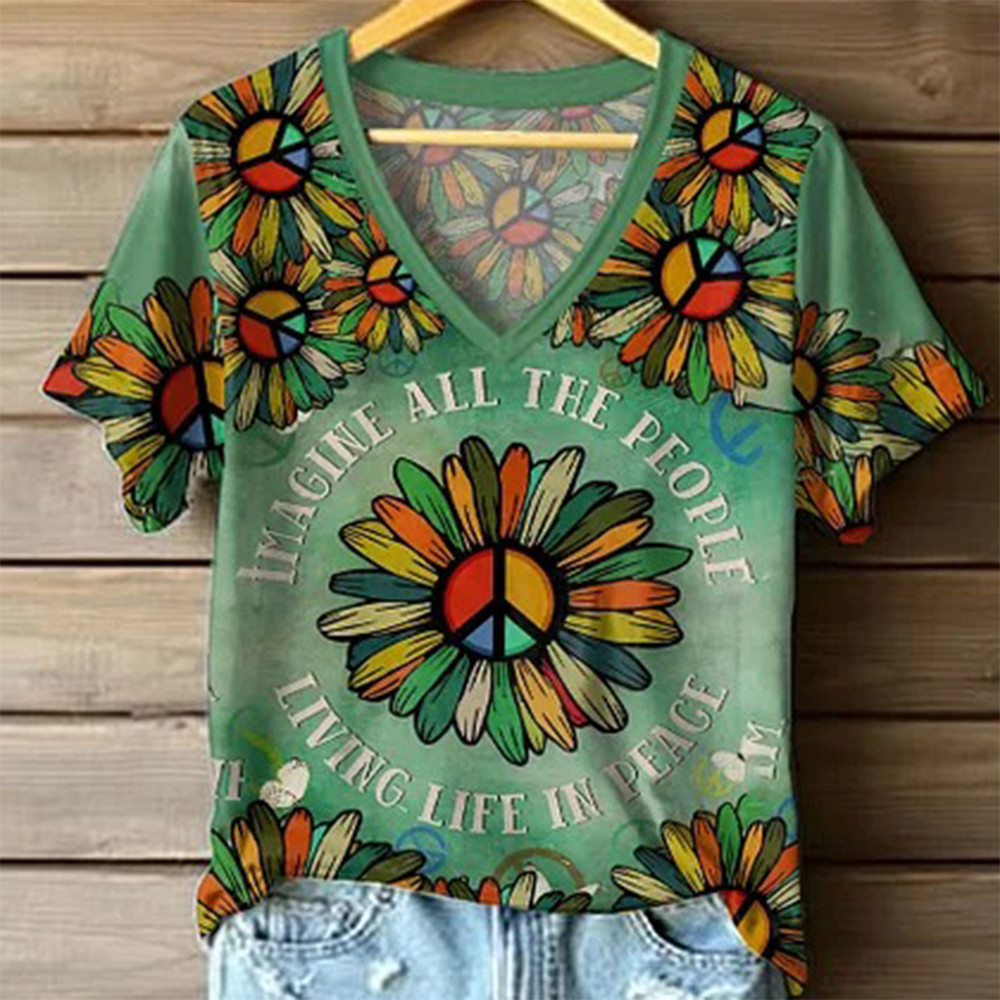 Imagine All The People Living Life In Peace Floral V-Neck Shirt Hippie Fashion Gift For Wife
