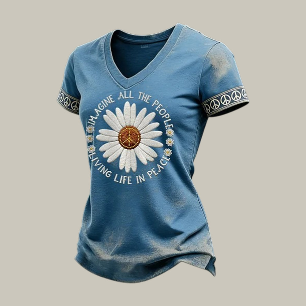 Imagine All The People Living Life In Peace Flower V-Neck Shirt Hippie Wear Gift For Supporters