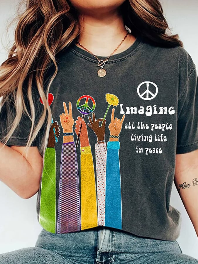 Imagine All The People Living Life In Peace T Shirt Peace Message Apparel Gift For Her