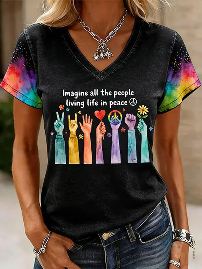 Imagine All The People Living Life In Peace V-Neck Colorful Peace Apparel Gift For Her
