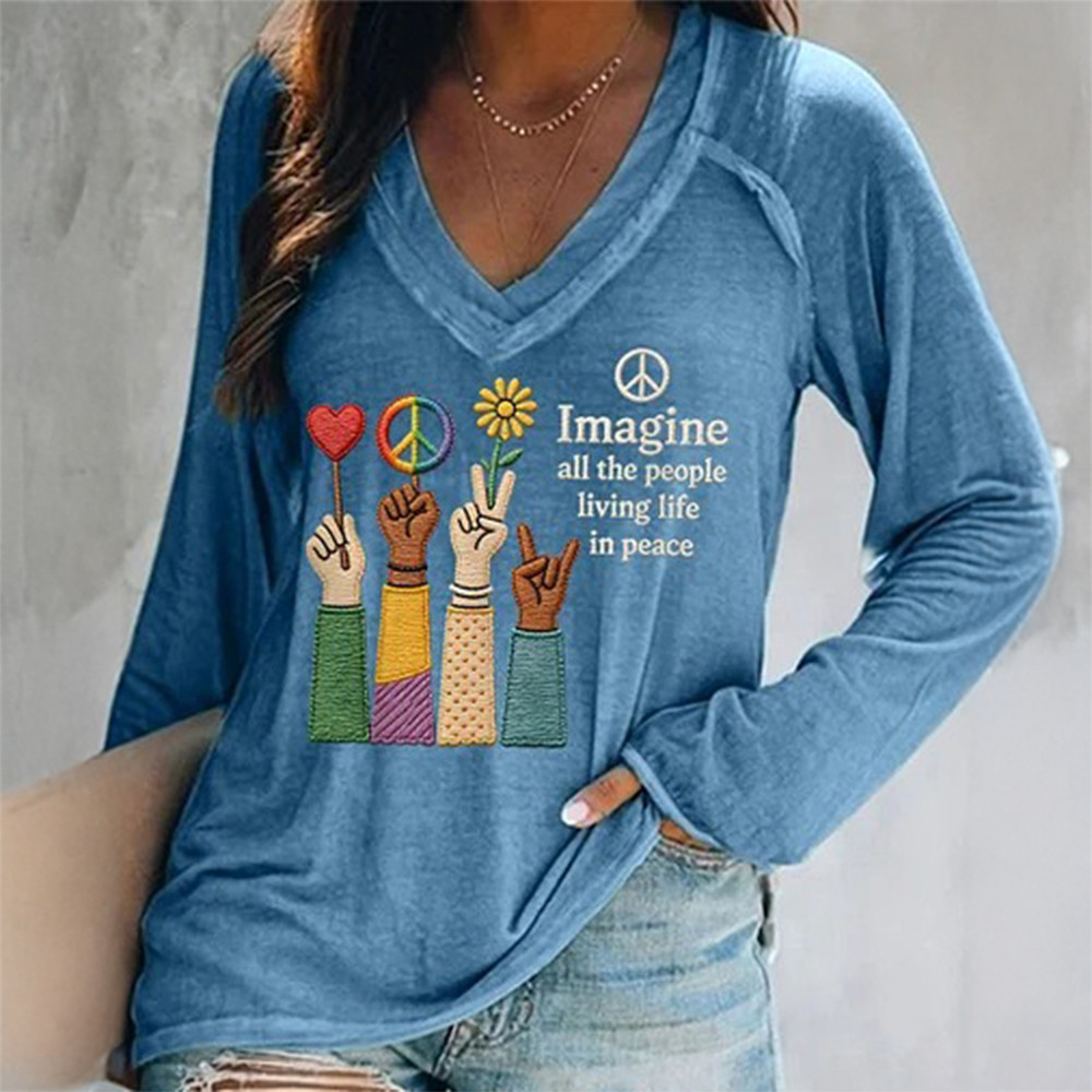Imagine All The People Living Life In Peace V-Neck Long Sleeve Shirt Hippie Style Apparel