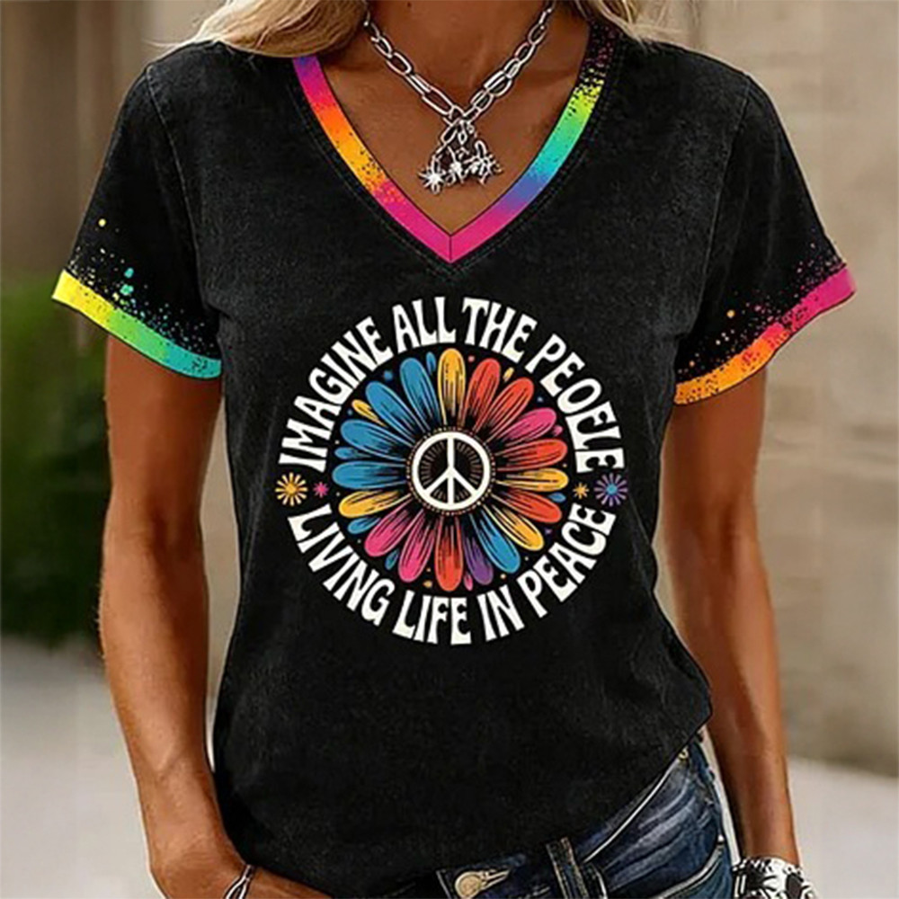 Imagine All The People Living Life In Peace V-Neck Shirt Boho Hippie Clothes