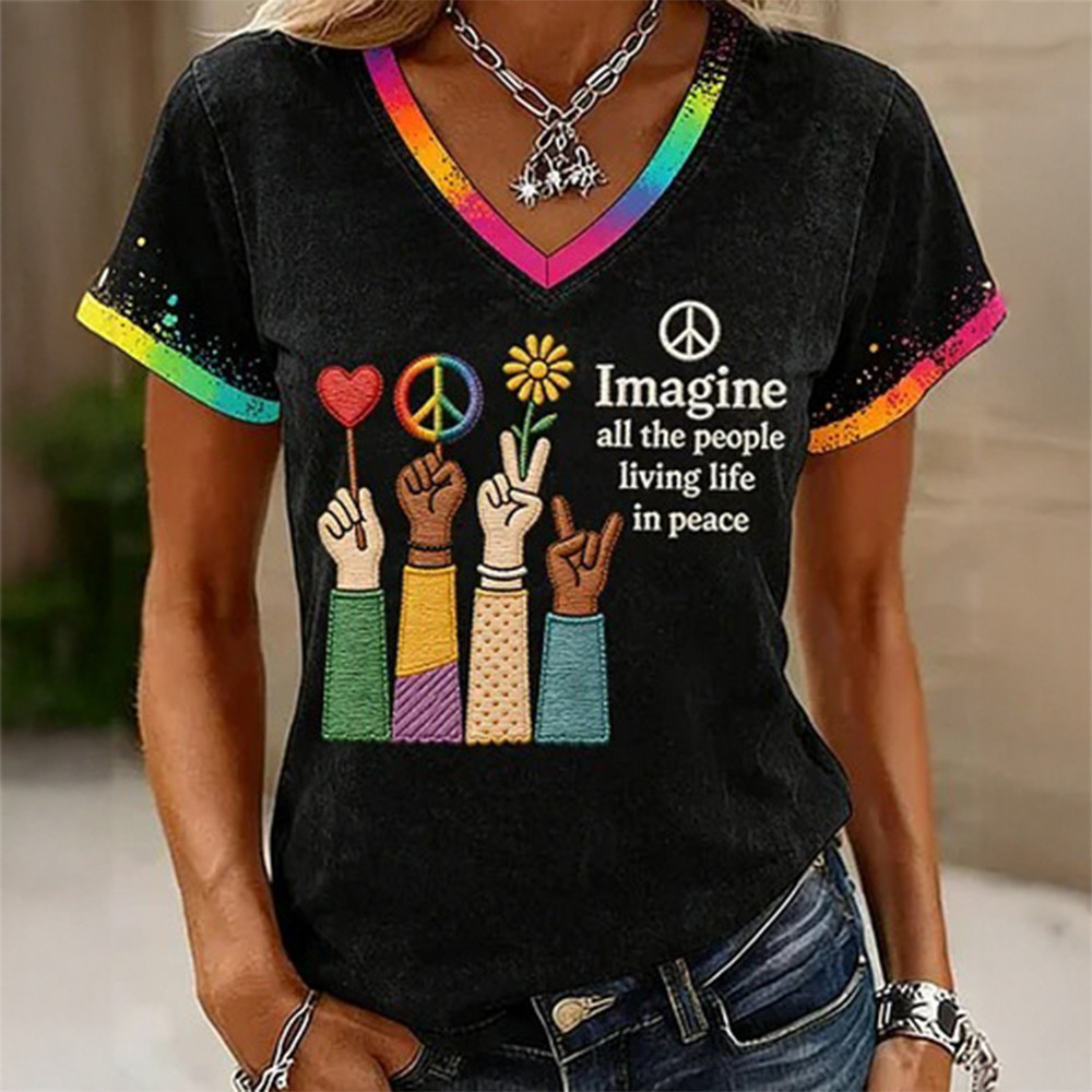 Imagine All The People Living Life In Peace V-Neck Shirt Boho Hippie Clothes Gift For Mom