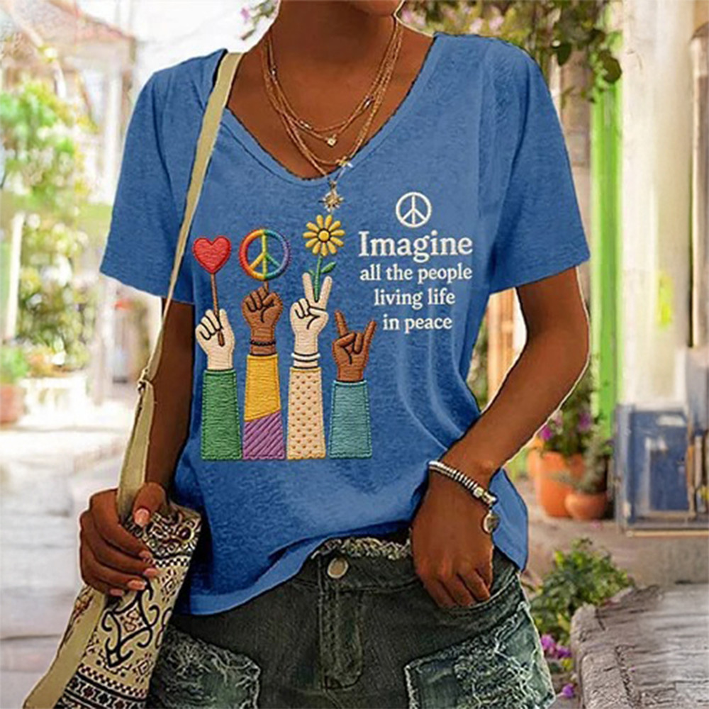 Imagine All The People Living Life In Peace V-Neck Shirt Hippie Fashion Peace Support Gift