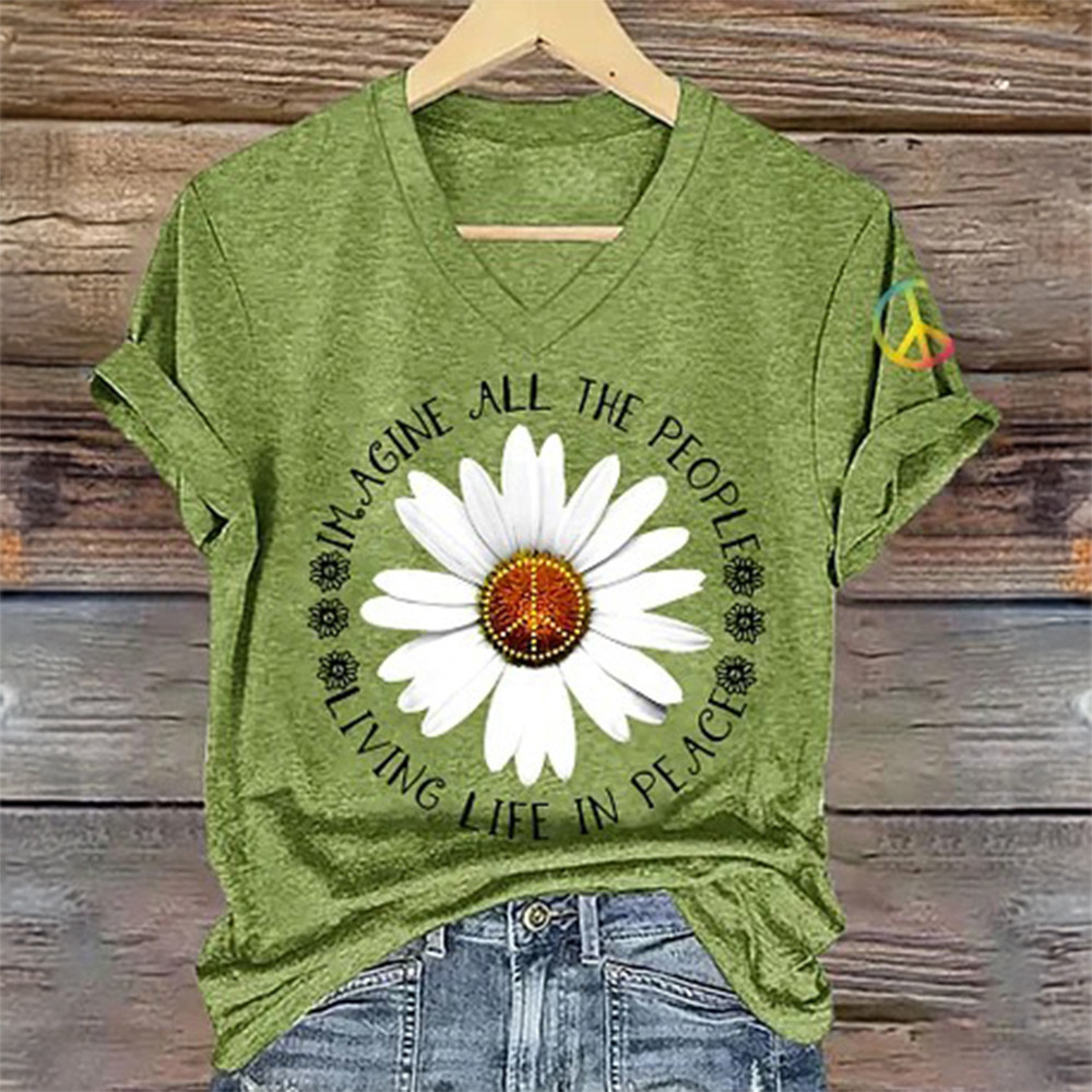 Imagine All The People Living Life In Peace V-Neck Shirt Hippie Style Apparel Gift For Her