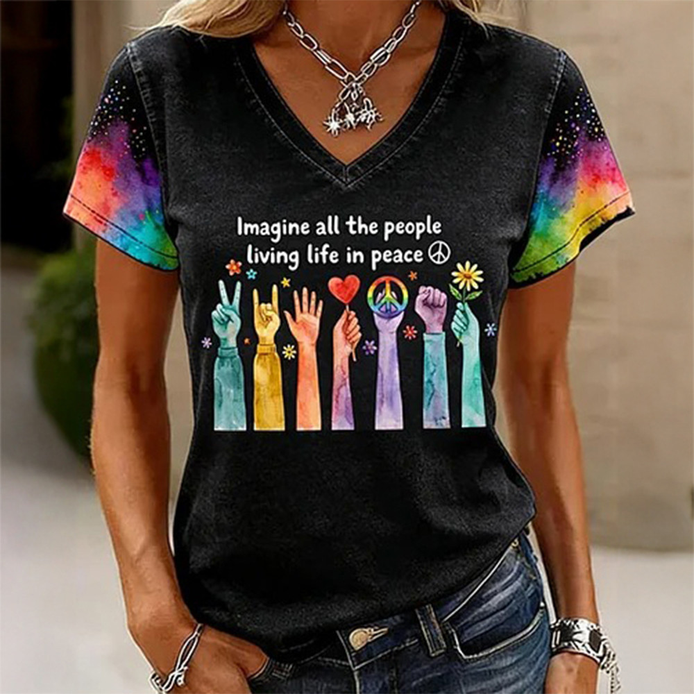 Imagine All The People Living Life In Peace V-Neck Shirt Hippie Style Apparel Gift For Her