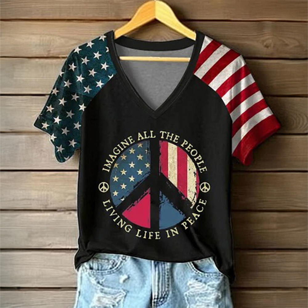 Imagine All The People Living Life In Peace V-Neck Shirt Hippie Style Apparel Gift For Mother's Day