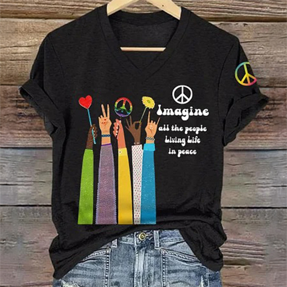 Imagine All The People Living Life In Peace V-Neck Shirt Hippie Style Clothing Gift For Her