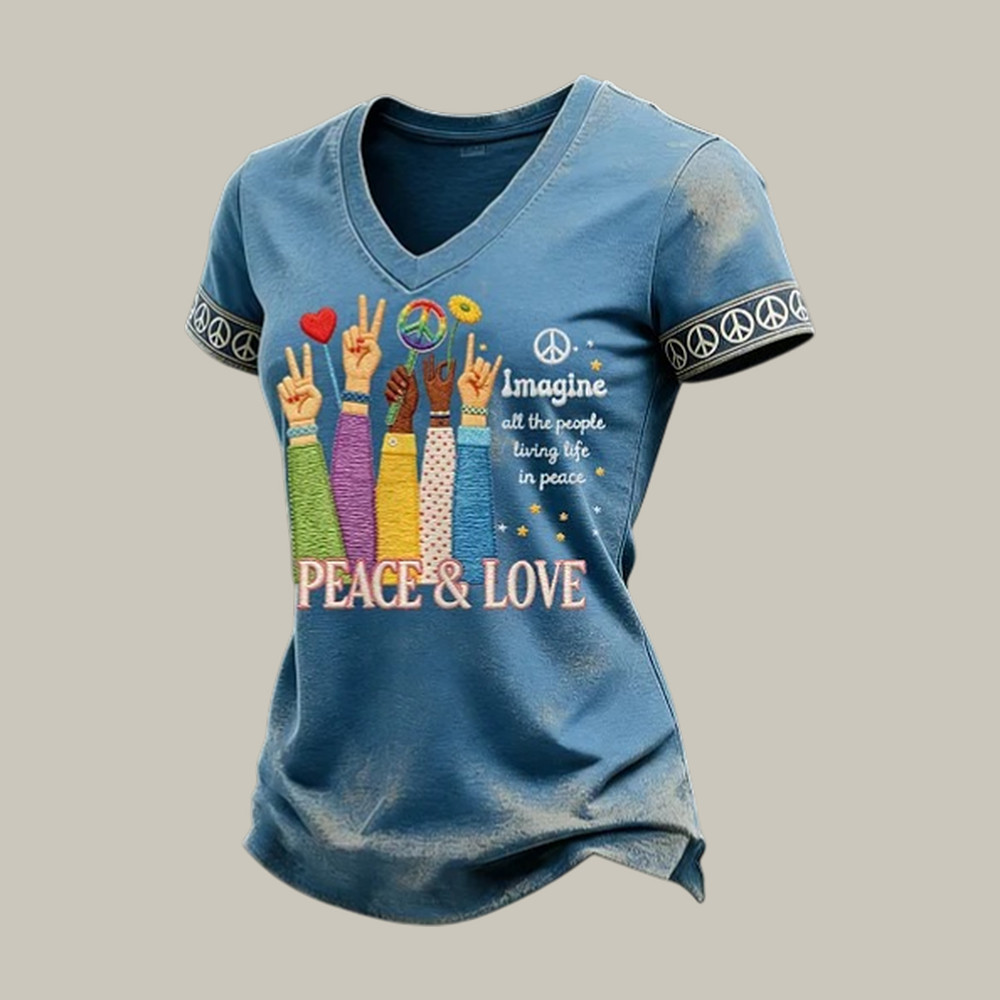 Imagine All The People Living Life In Peace V-Neck Shirt Hippie Vibe Shirt Mom Gift