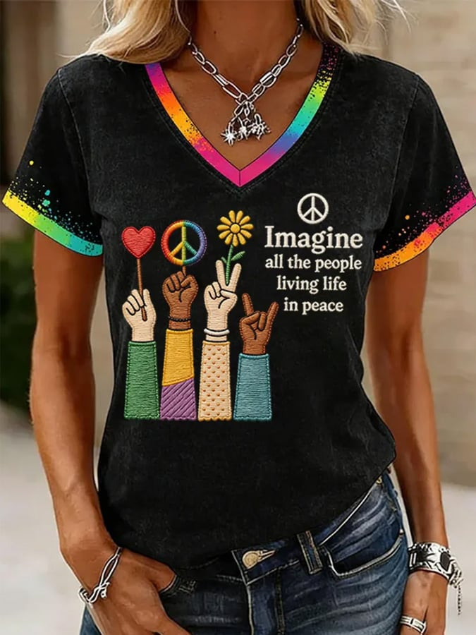 Imagine All The People Living Life In Peace V-Neck Shirt Rainbow Unity Apparel Gift For Her