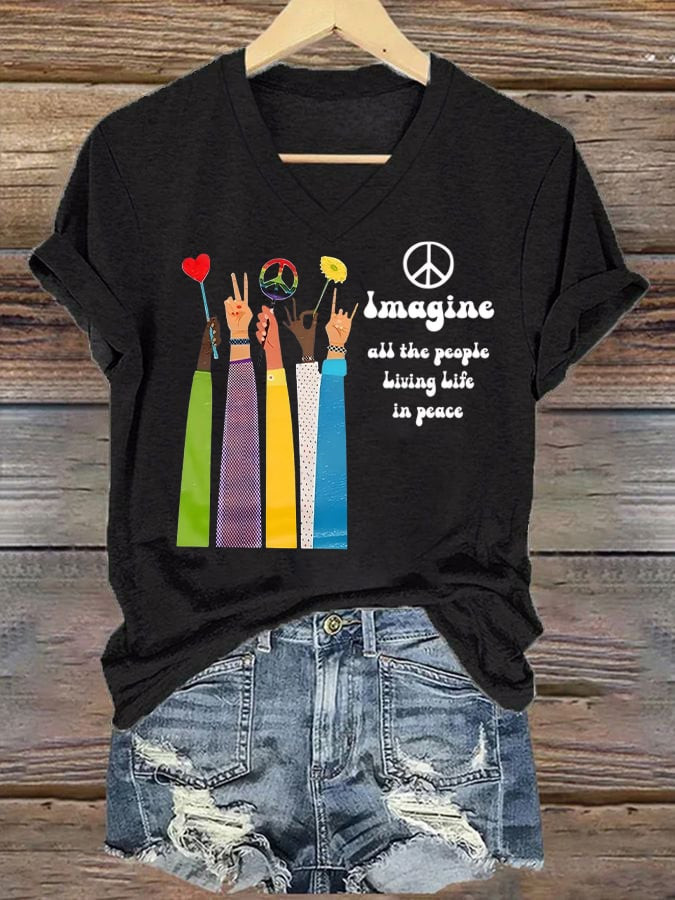 Imagine All The People Living Life In Peace V-Neck Shirt Unity Message Apparel Gift For Her