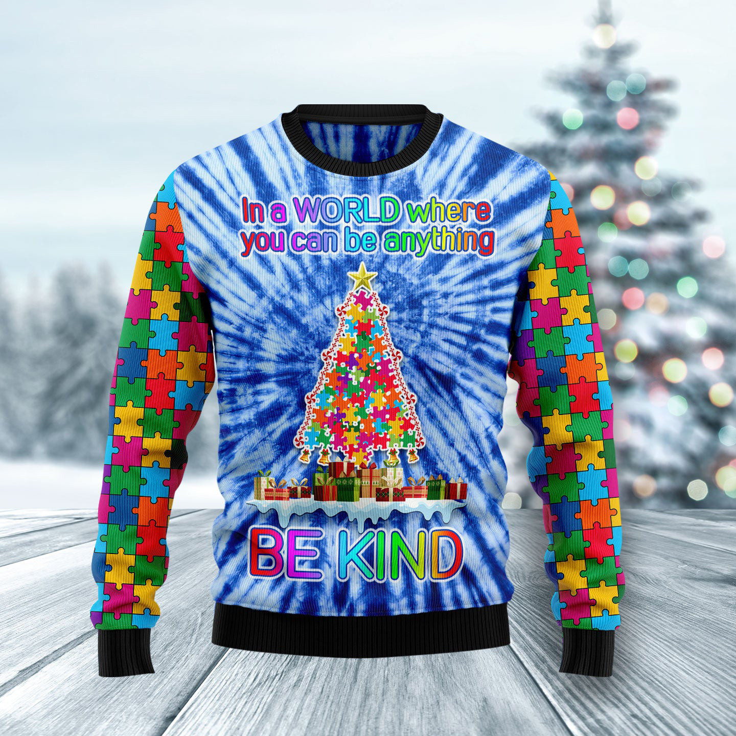 In A World Where You Can Be Anything Be Kind Christmas Tree Ugly Christmas Gift For Autism Mom