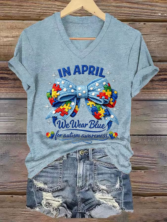 In April We Wear Blue V-Neck Shirt Autism Awareness Ribbon Clothing Gift Ideas