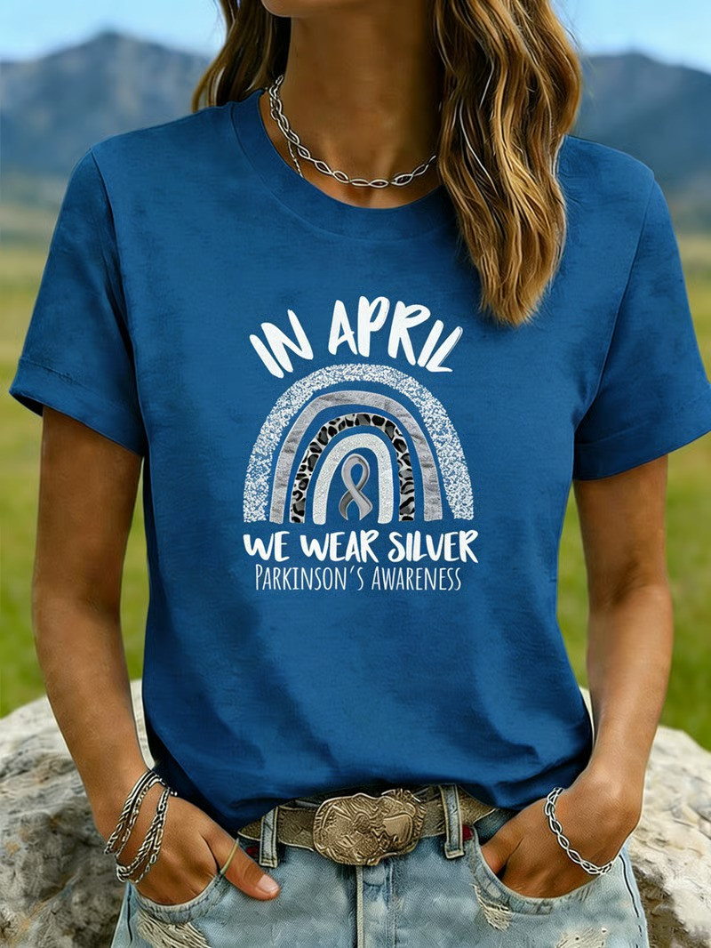 In April We Wear Silver Parkinson Awareness T-Shirt Rainbow Ribbon Advocacy Clothing Gift For Fans