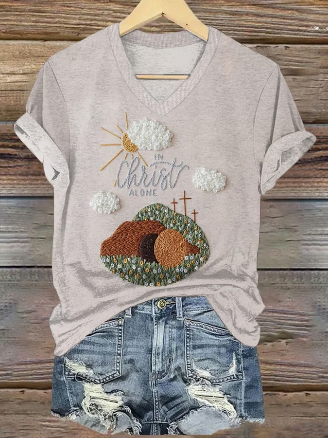 In Christ Alone Easter V-Neck Shirt Empty Tomb Cross Embroidered Fan Tee Best Gift For Jesus Believers