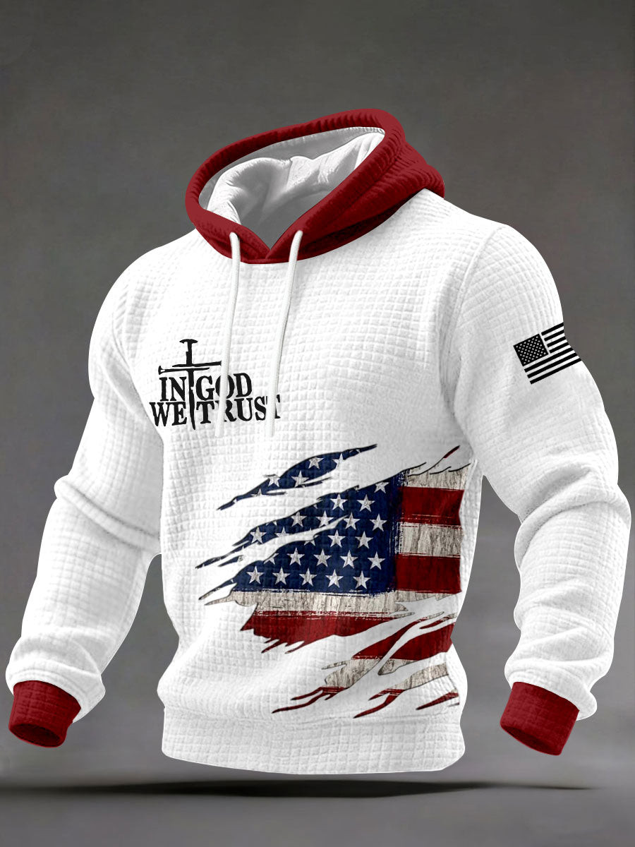 In God We Trust Waffle Hoodie Patriotic USA Flag Christian Faith Pullover Gift for Men