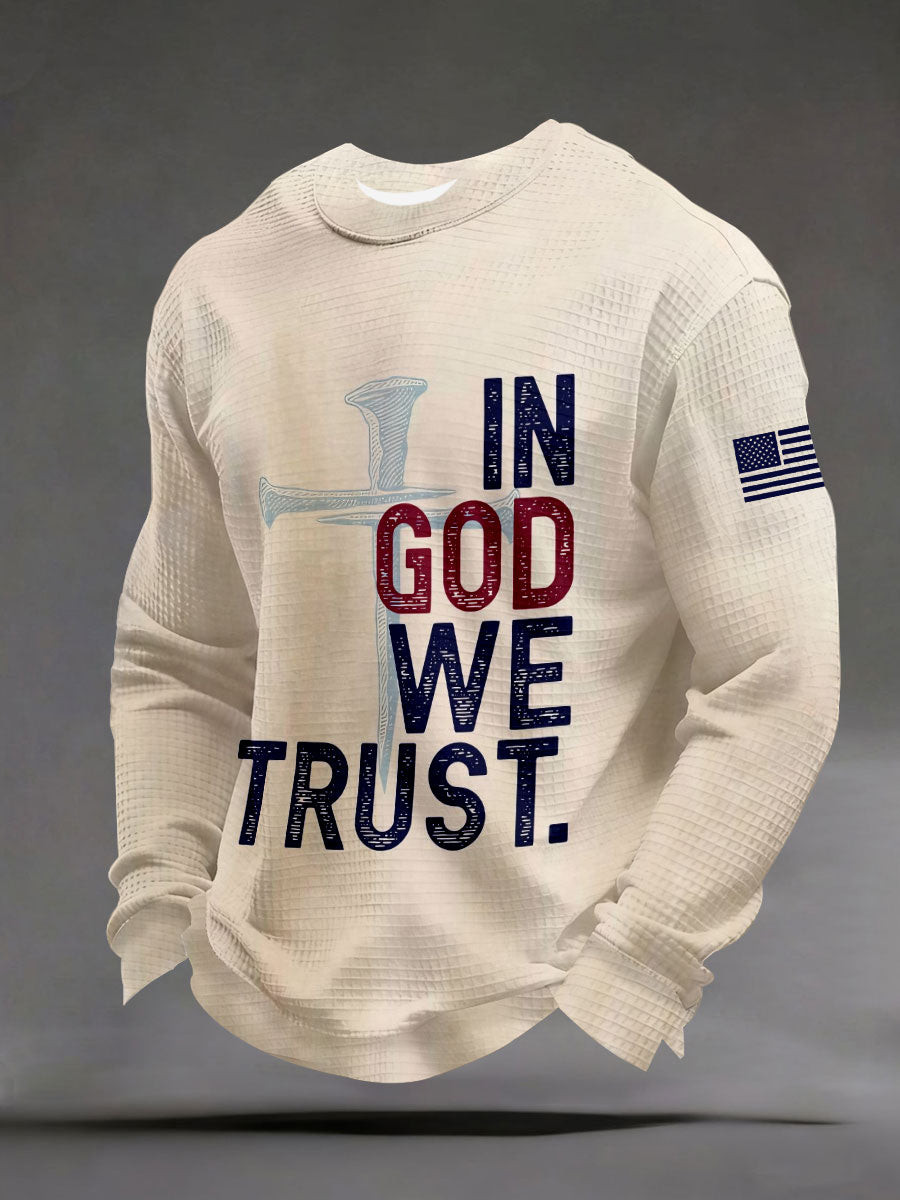 In God We Trust Waffle Long Sleeve Shirt Patriotic Christian Cross USA Faith Pullover Husband Gifts
