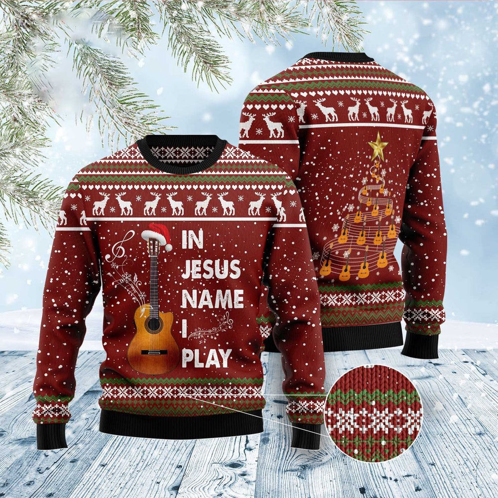 In Jesus Name I Play Guitar Ugly Christmas Sweater Funny Ugly Christmas Sweater Xmas Gifts