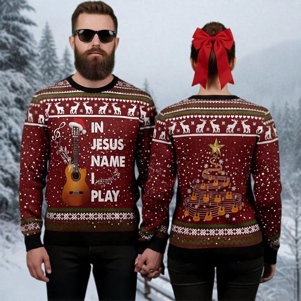 In Jesus Name I Play Ugly Christmas Sweater Guitar Themed Holiday Apparel Xmas Gifts For Him