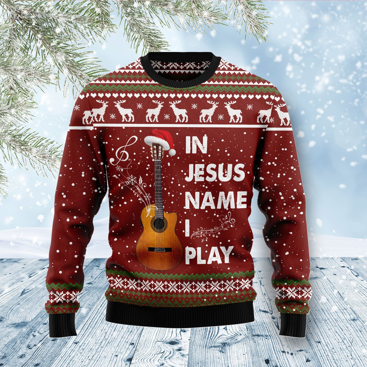 In Jesus Name Play Guitar Ugly Christmas Sweater