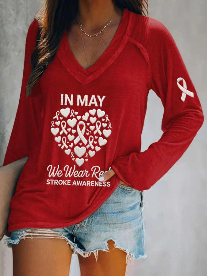 In May We Wear Red Stroke Awareness Long Sleeve V-Neck Shirt Heart Ribbon Best Gift For Supporters
