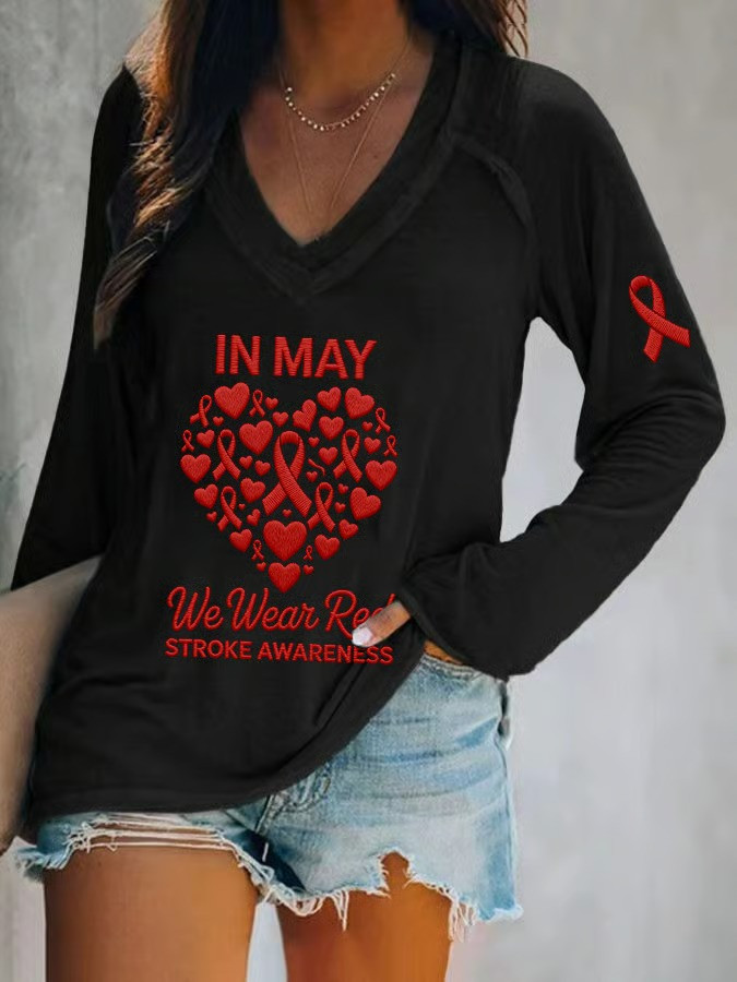 In May We Wear Red Stroke Awareness Long Sleeve V-Neck Shirt Heart Ribbon Supporter Merch Gift For Fans
