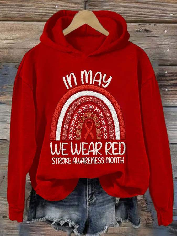 In May We Wear Red Stroke Awareness Month Hoodie Rainbow Ribbon Support Apparel Best Gift For Survivors
