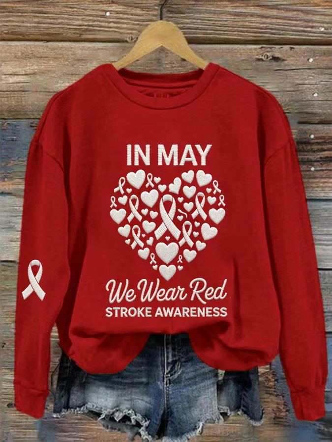 In May We Wear Red Stroke Awareness Sweatshirt Heart Ribbon Support Apparel Best Gift For Family