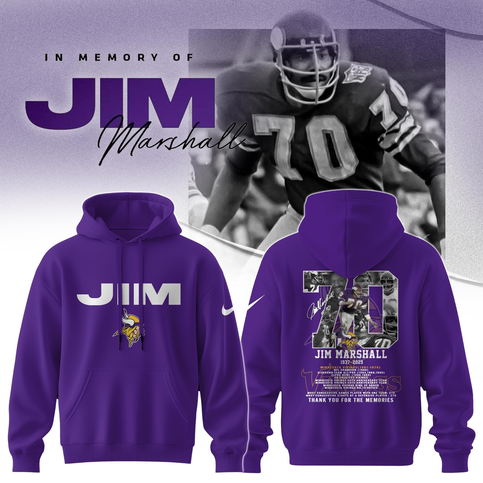 In Memory Of Jim Marshall Hoodie RIP Legend 70 Minnesota Vikings Thank You For Memories