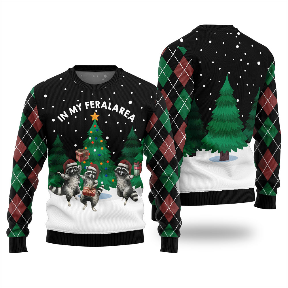 In My Feral Area Raccoon Christmas Sweater Custom Holiday Sweater Merch That Warms the Heart
