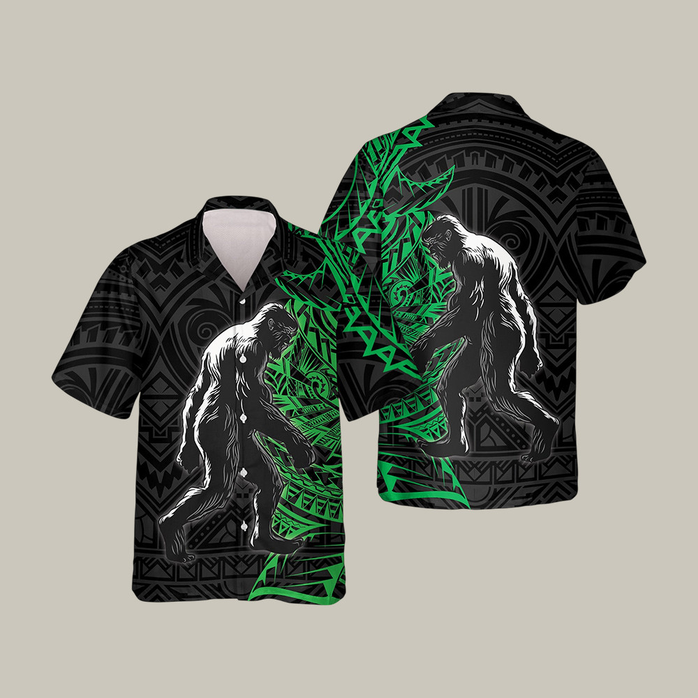 In The Woods Green Tribal Bigfoot Hawaiian Shirt Vintage Aloha Shirt Present For Dad