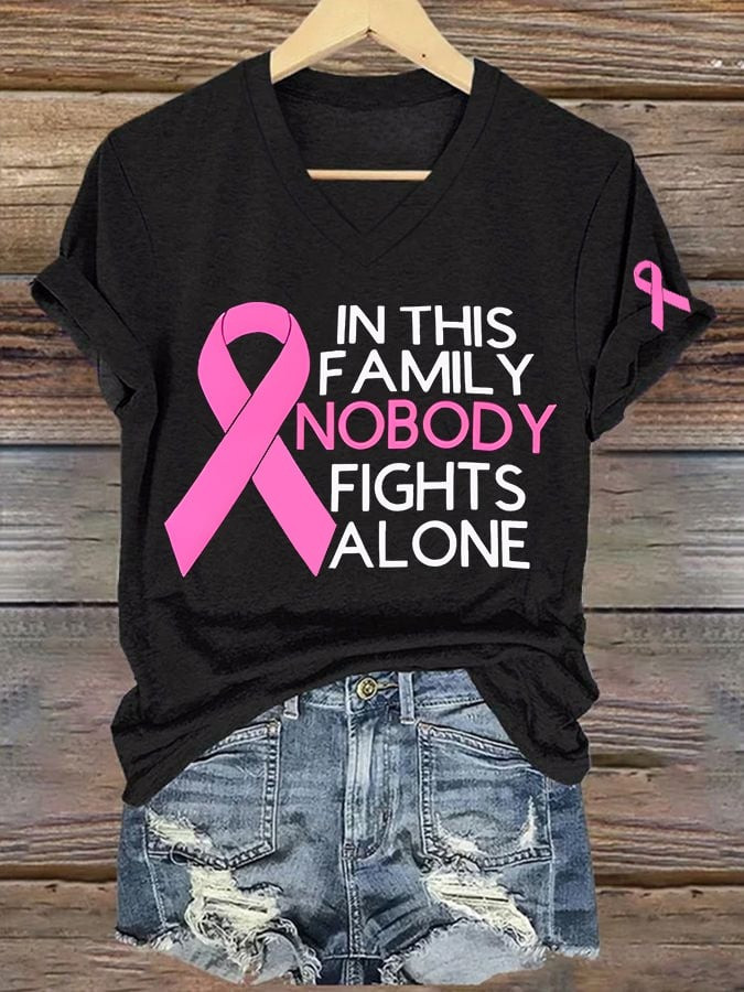 In This Family No One Is Alone V-Neck T-Shirt Breast Cancer Awareness Shirt