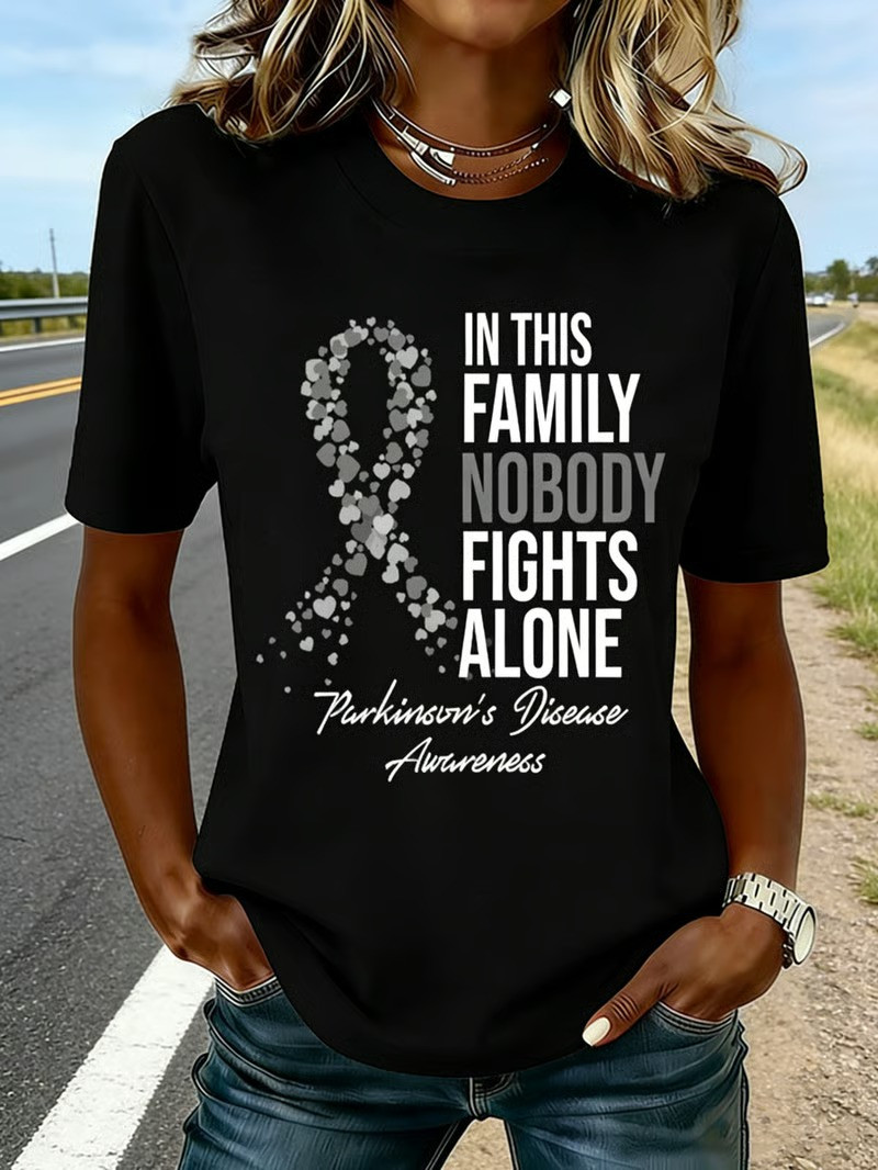 In This Family Nobody Fights Alone Parkinson Disease Awareness T-Shirt Heart Ribbon Gift For All