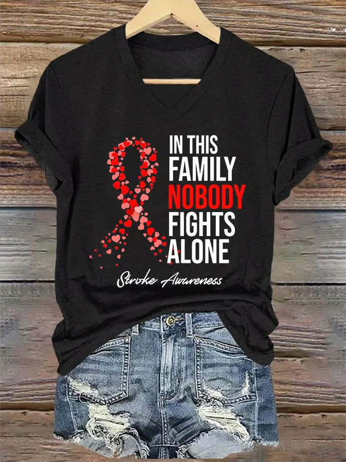 In This Family Nobody Fights Alone Stroke Awareness V-Neck T-Shirt Heart Ribbon Gift For Supporters