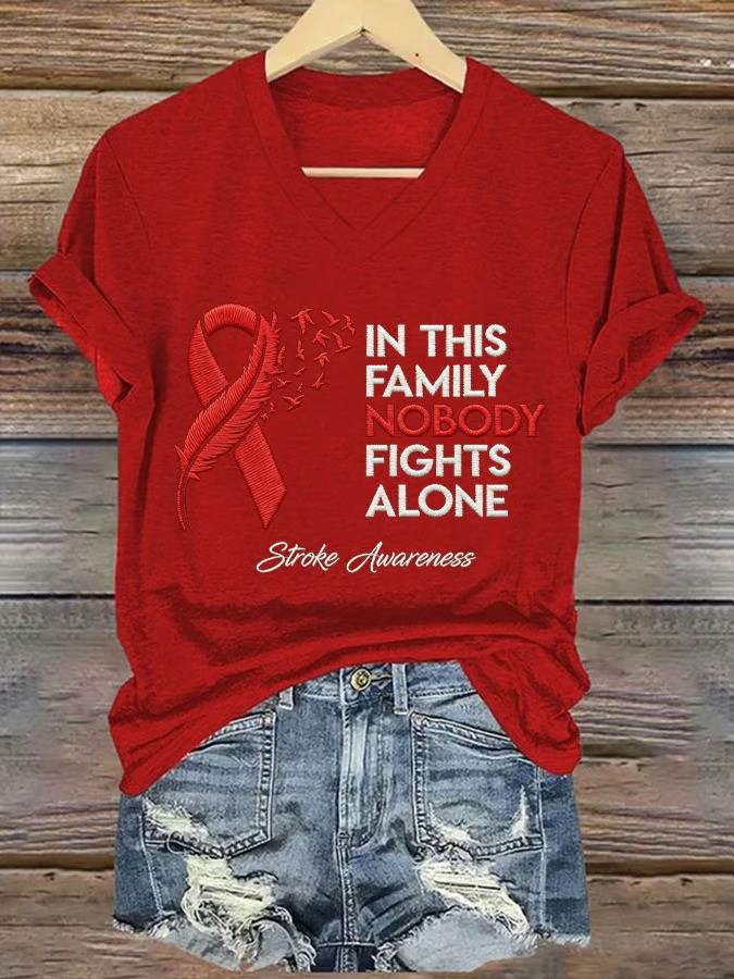 In This Family Nobody Fights Alone Stroke Awareness V-Neck T-Shirt Ribbon Feather Best Gift For Family