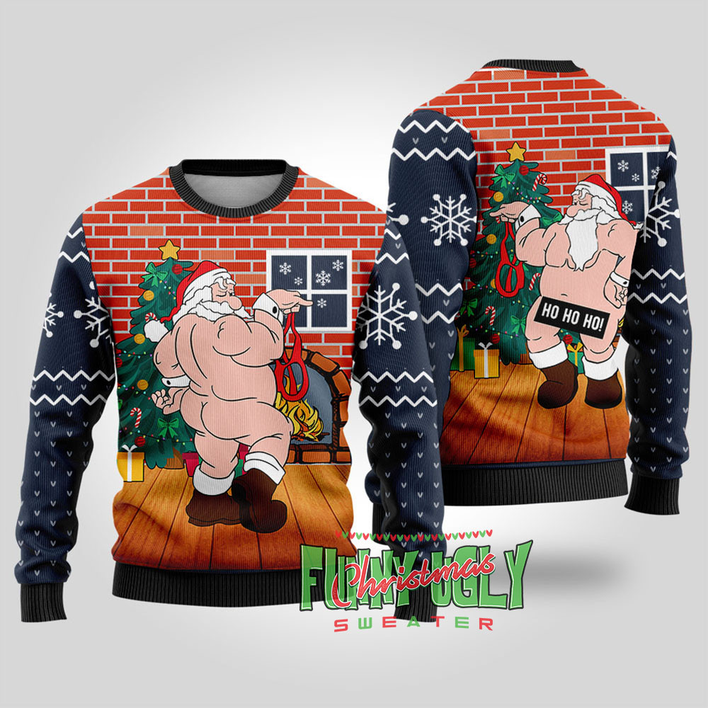 Inappropriate Santa Ugly Christmas Sweater Navy Seasonal Gift Merch for Cozy Christmas Vibes