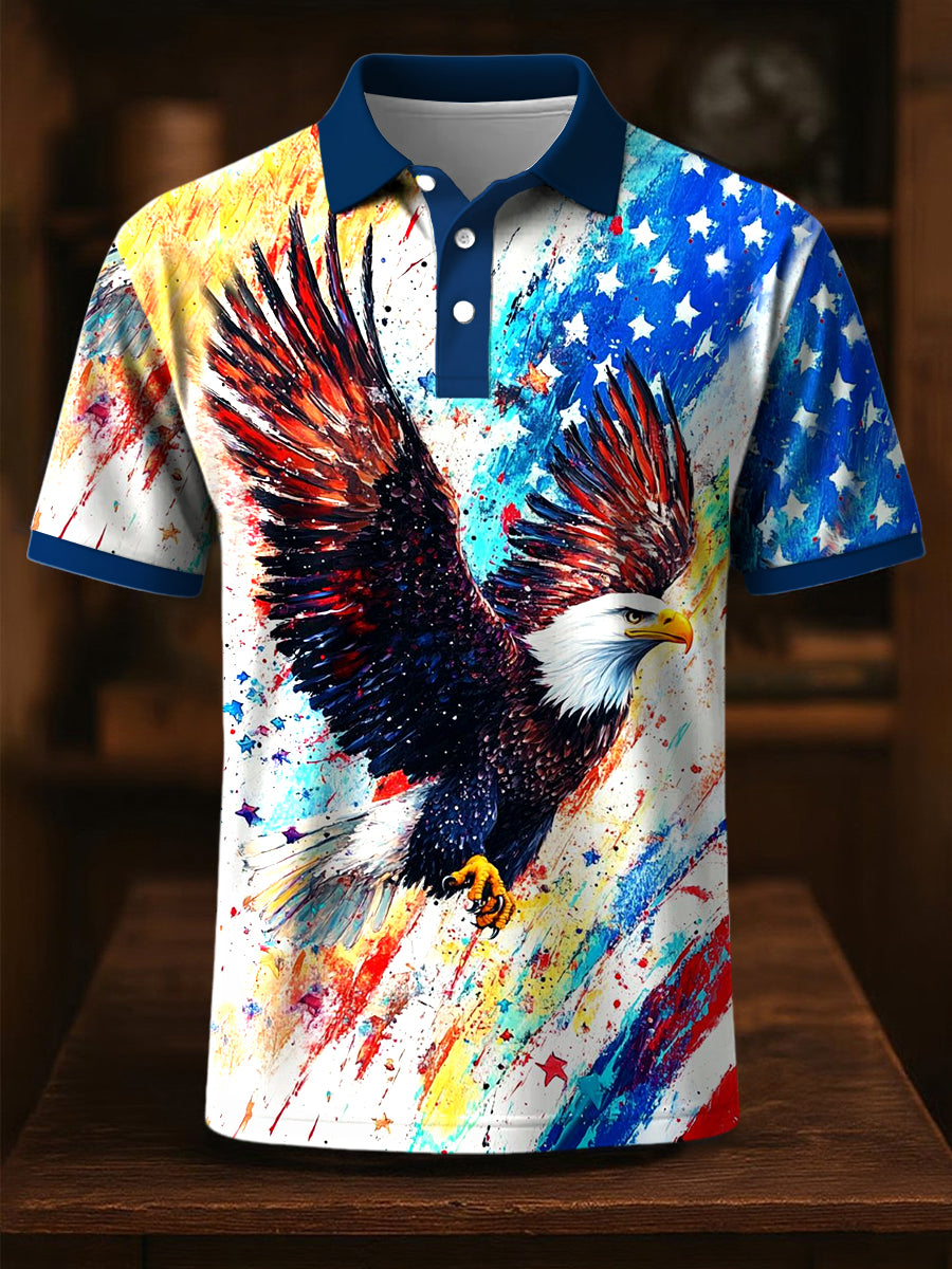 Independence Day Eagle Print Polo Shirt Patriotic Gift for USA Fans Short Sleeve Fashion