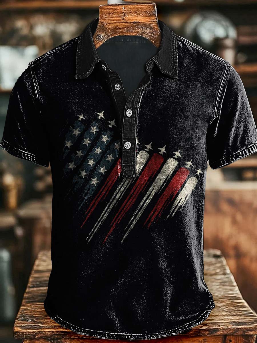 Independence Day Fighter Airplane Flag Heart Print Casual Short Sleeve Polo Shirt Gifts For Halloween Day