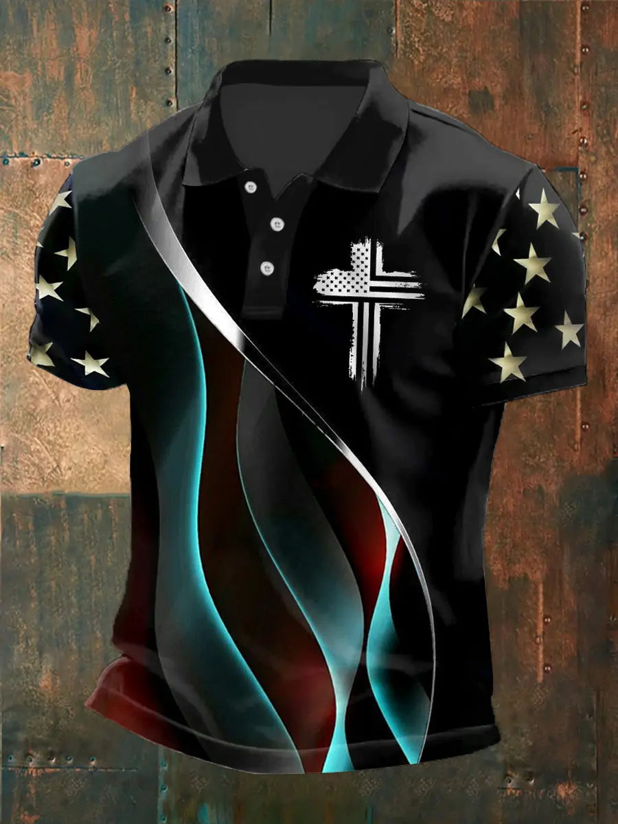 Independence Day Flag Print Polo Shirt for Patriotic Americans Gift for Christian Fans