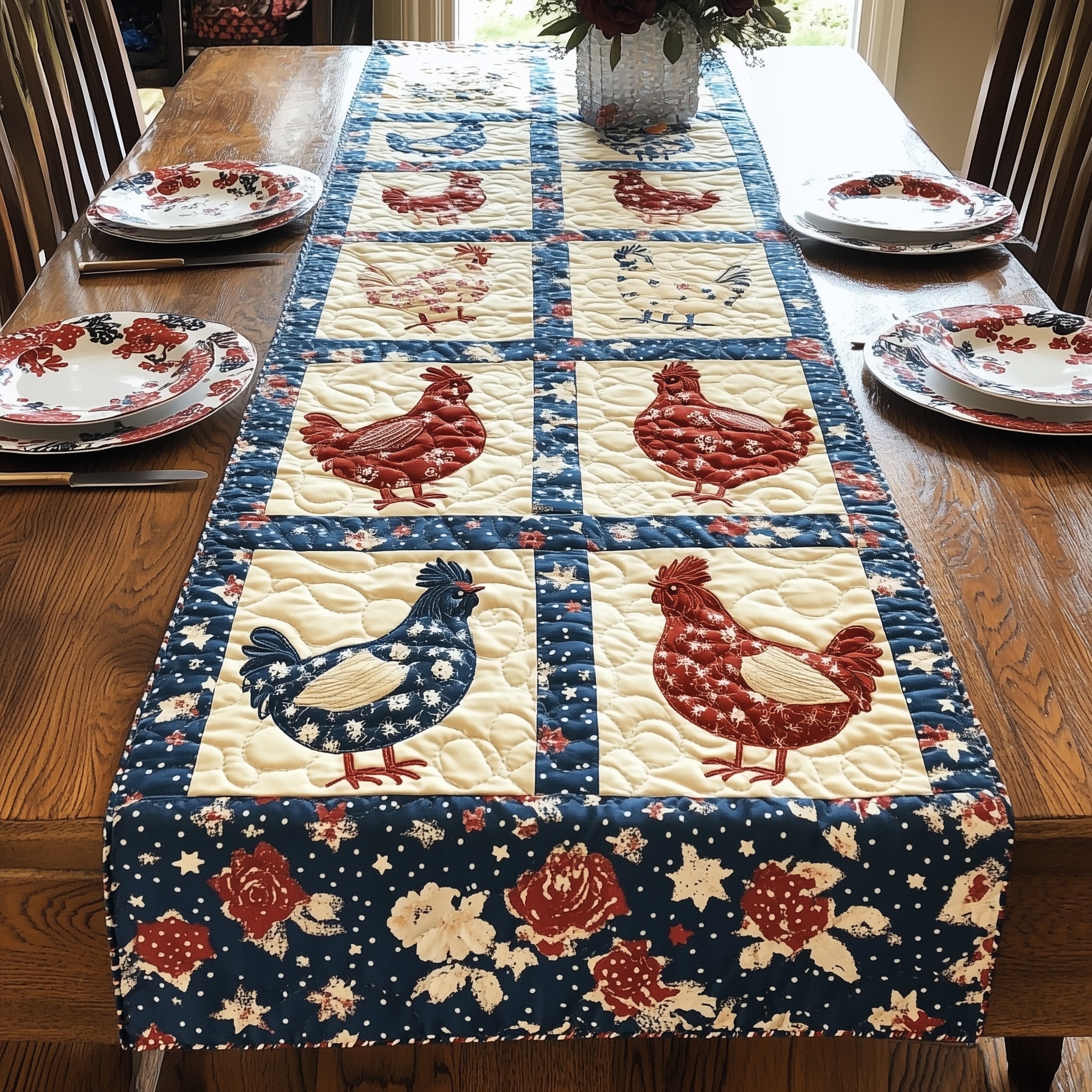 Independence Day Hens Quilted Table Runner Holiday Dinner Table Runner