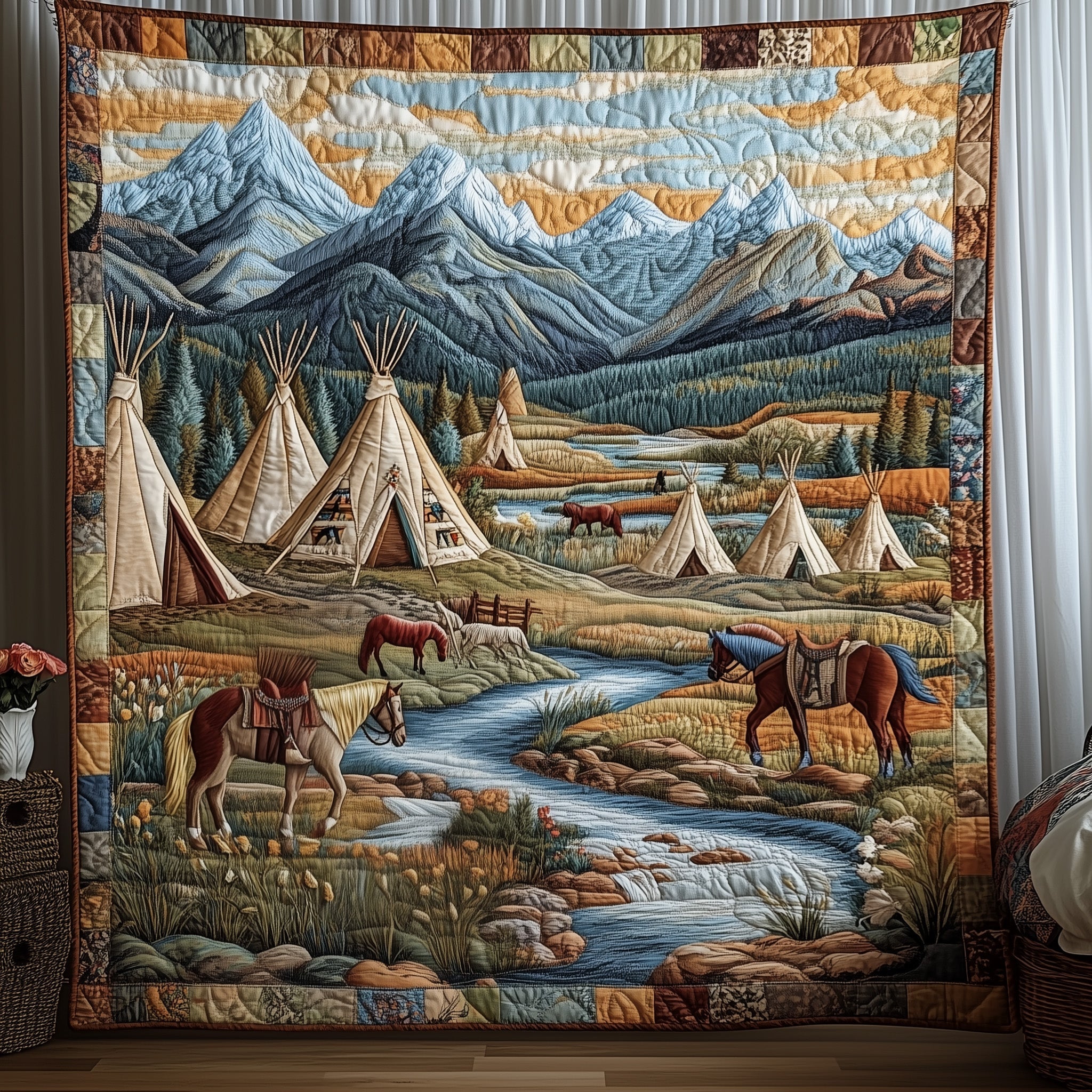 Indian village Quilted Blanket Cute Soft BlanketNative American Christmas Gift Ideas