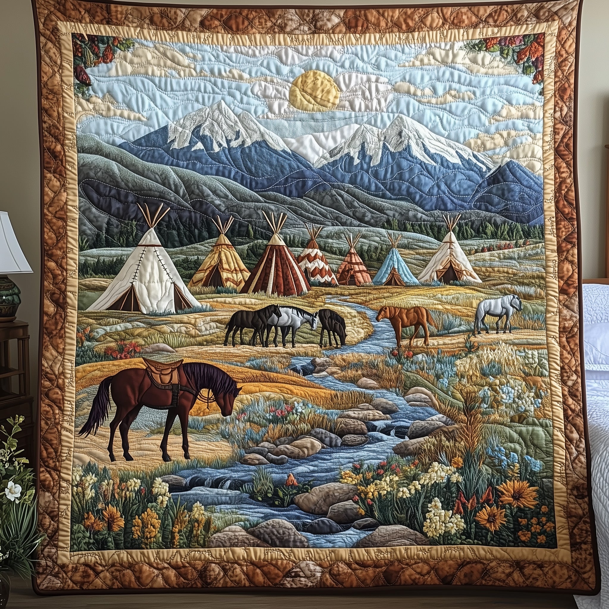Indian village Quilted Blanket Cute Soft BlanketNative American Christmas Gifts